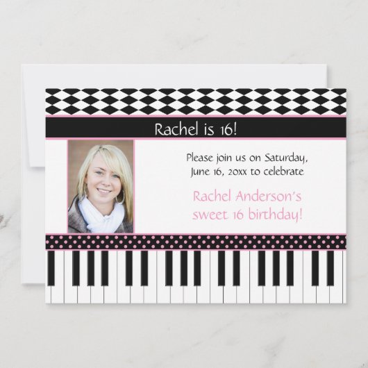 Roze zwarte pianothema Sweet 16 Birthday Kaart (Voorkant)