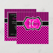 Roze, zwarte pokadots zestiende verjaardag uitnodi kaart (Voorkant / Achterkant)