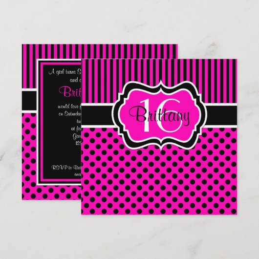 Roze, zwarte pokadots zestiende verjaardag uitnodi kaart (Voorkant / Achterkant)