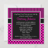 Roze, zwarte pokadots zestiende verjaardag uitnodi kaart (Achterkant)