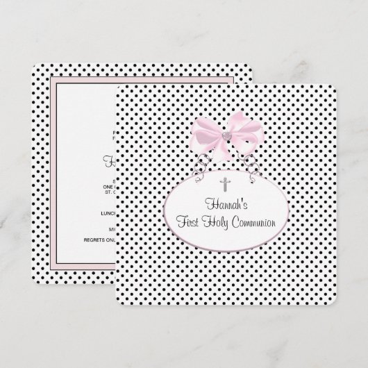 Roze Zwarte Polka Dot Cross Girls Eerste Communie Kaart (Voorkant / Achterkant)