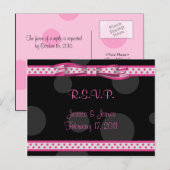 Roze Zwarte Polka Dot Ribbon Bow RSVP Briefkaart (Voorkant / Achterkant)