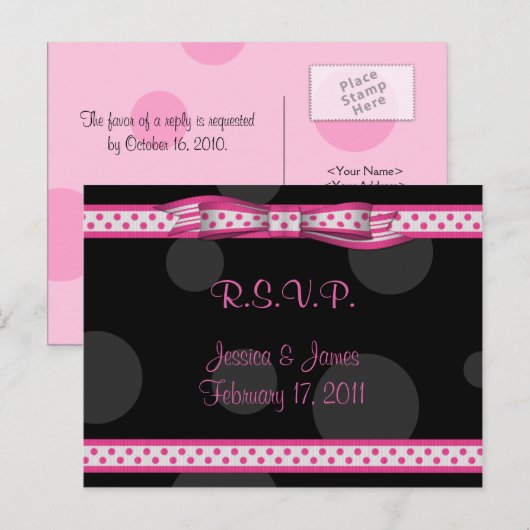 Roze Zwarte Polka Dot Ribbon Bow RSVP Briefkaart (Voorkant / Achterkant)
