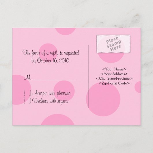 Roze Zwarte Polka Dot Ribbon Bow RSVP Briefkaart (Achterkant)