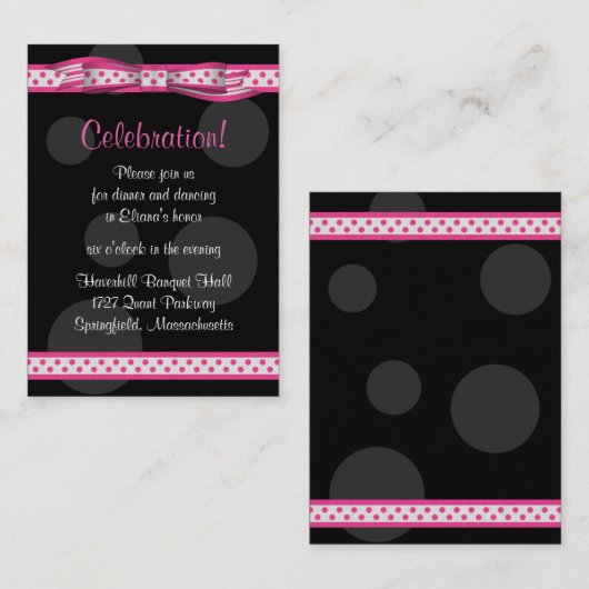 Roze Zwarte Polka Dots Ribbon Bat Mitswa Receptie Informatiekaartje (Voorkant / Achterkant)