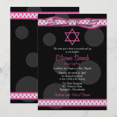 Roze zwarte poodots Bow bat Mitzvah Uitnodiging (Voorkant / Achterkant)