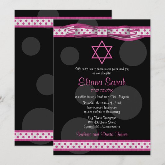 Roze zwarte poodots Bow bat Mitzvah Uitnodiging (Voorkant / Achterkant)
