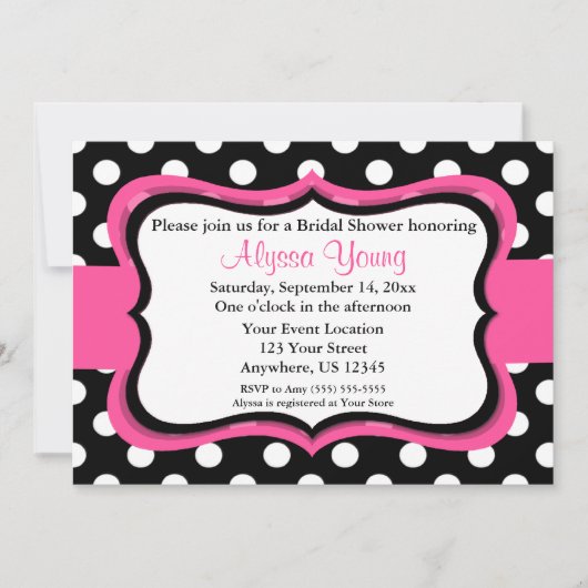 Roze zwarte pooldot Bridal of Baby shower Invite Kaart (Voorkant)