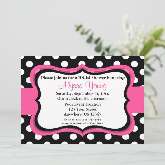 Roze zwarte pooldot Bridal of Baby shower Invite Kaart (Staand voorkant)