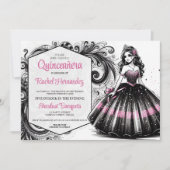 Roze & Zwarte Quinceañera Meisje Kaart (Voorkant)