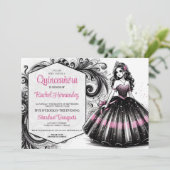 Roze & Zwarte Quinceañera Meisje Kaart (Staand voorkant)