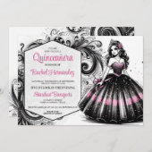 Roze & Zwarte Quinceañera Meisje Kaart (Voorkant / Achterkant)