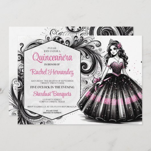 Roze & Zwarte Quinceañera Meisje Kaart (Voorkant / Achterkant)