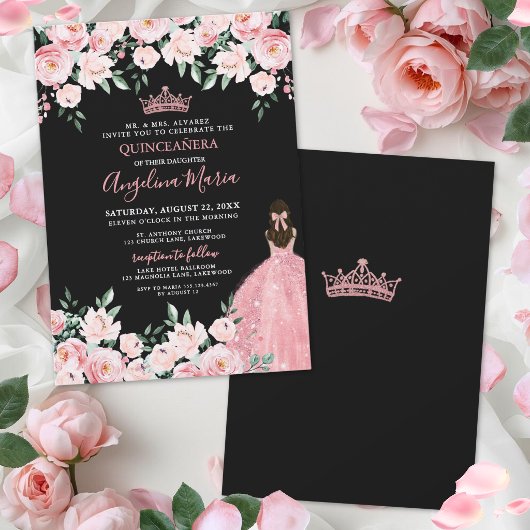 Roze Zwarte Quinceanera Uitnodiging