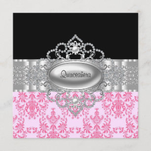 Roze zwarte Quinceanera-uitnodigingen met diamante Kaart