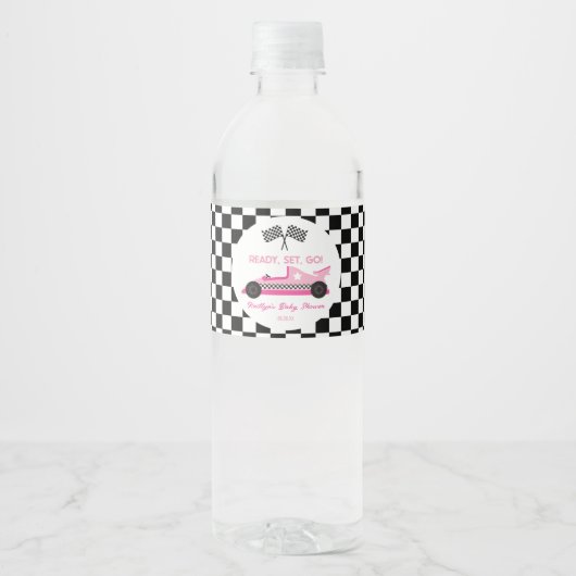 Roze Zwarte Raceauto Klaar Af Baby Shower Waterfles Etiket (Voorkant)