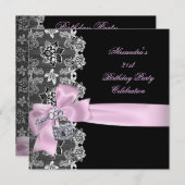 Roze zwarte rand Floral Birthday Party Key Lock Kaart (Voorkant / Achterkant)