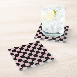 Roze zwarte Retro Checkerboard Pattern Glazen Onderzetter