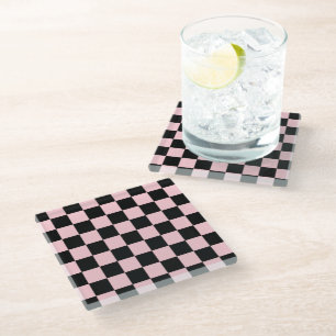 Roze zwarte Retro Checkerboard Pattern Glazen Onderzetter