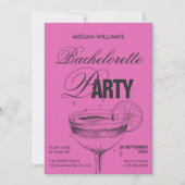 Roze zwarte retro cocktail vrijgezellenfeest kaart (Voorkant)