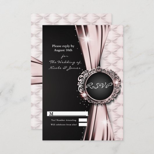 Roze Zwarte Ribbon Glam Luxe bruiloft RSVP Reageer Kaart (Voorkant / Achterkant)