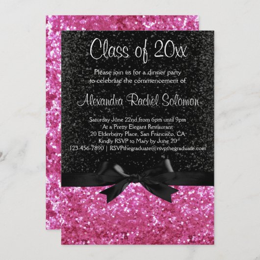 Roze zwarte rode Afstuderen-uitnodiging met spaarp Kaart (Voorkant / Achterkant)