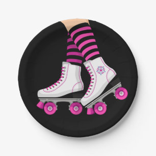 Roze & Zwarte Roller Skate Schaats Verjaardagsfees Papieren Bordje