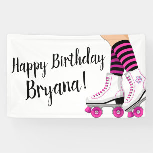 Roze & Zwarte Roller Skate Schaats Verjaardagsfees Spandoek