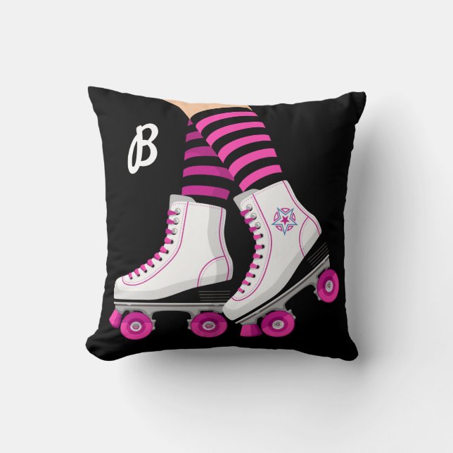 Roze & Zwarte Roller Skate Schaatsen Kussen (Voorkant)