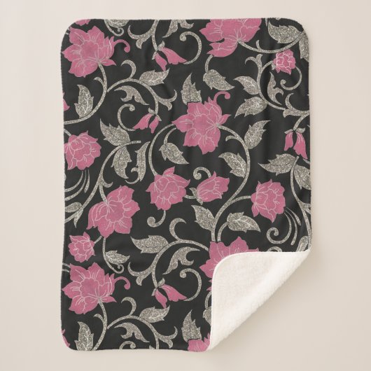Roze zwarte roze groene glitter florale illustrati sherpa deken (Voorkant)