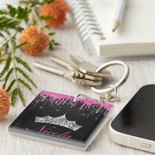Roze zwarte roze zwarte druppelaar Glitter Tiara-n Sleutelhanger (Voorkant Rechts)