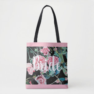Roze zwarte Rozen Floral Wedding Bride Canvas tas
