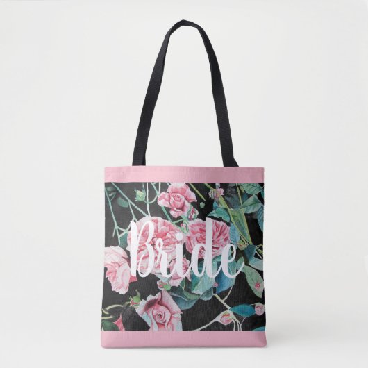 Roze zwarte Rozen Floral Wedding Bride Canvas tas (Voorkant)