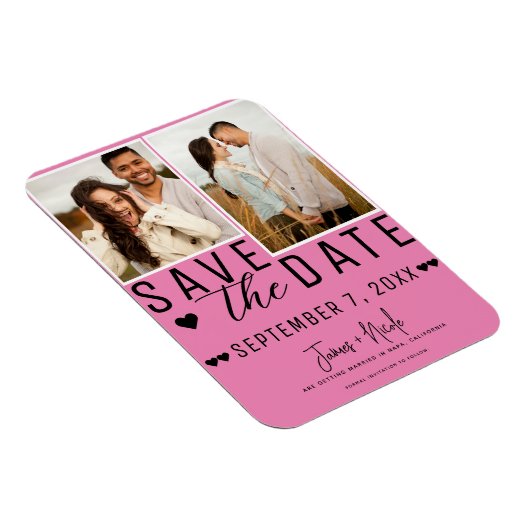 Roze & Zwarte Save the Date 2 Foto Bruiloft Magneet (Rechterzijde)