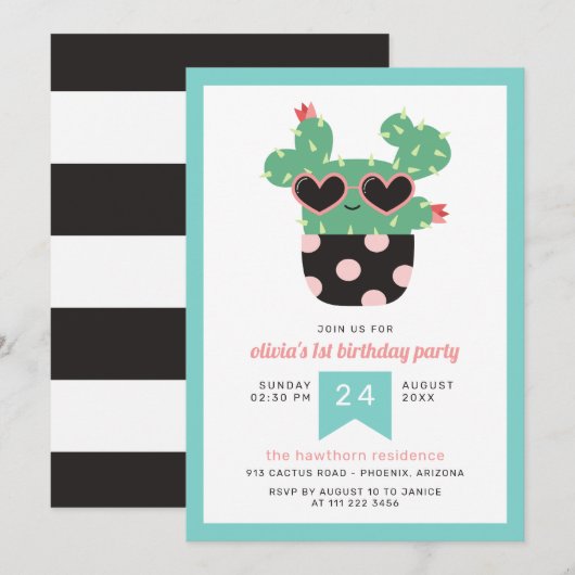 Roze Zwarte Schattigee Cactus Verjaardagsfeest Kaart (Voorkant / Achterkant)