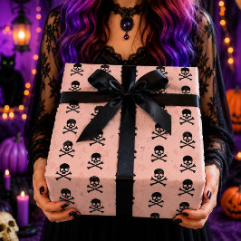 Roze Zwarte Schedel Kruisbeenderen Halloween Patro Cadeaupapier