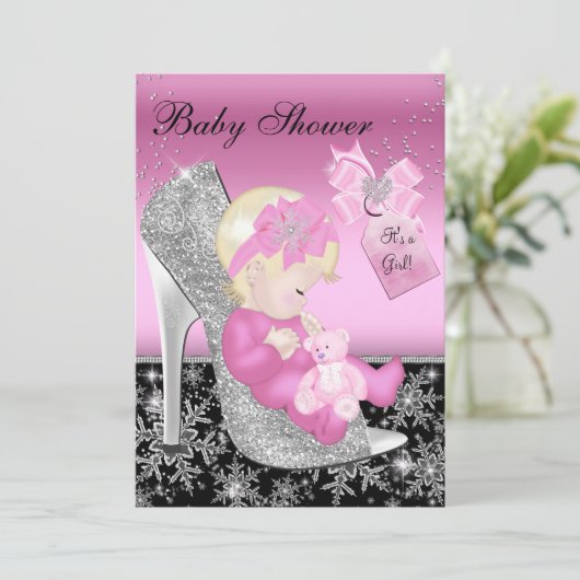 Roze Zwarte Schoen & Sneeuwvlok Meisje Baby Shower Kaart (Staand voorkant)