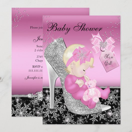 Roze Zwarte Schoen & Sneeuwvlok Meisje Baby Shower Kaart (Voorkant / Achterkant)