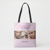 Roze Zwarte Script Foto Handvat Make-up Tote Bag (Voorkant)