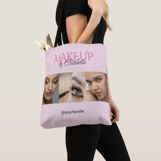 Roze Zwarte Script Foto Handvat Make-up Tote Bag (Dichtbij)