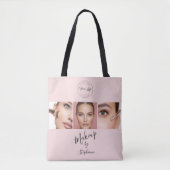 Roze Zwarte Script Jouw Logo 3 Foto Make-up Tote Bag (Voorkant)