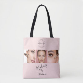 Roze Zwarte Script Jouw Logo 3 Foto Make-up Tote Bag