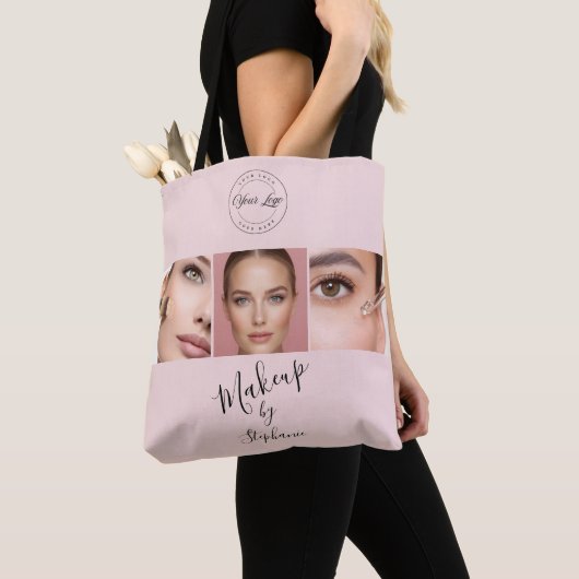 Roze Zwarte Script Jouw Logo 3 Foto Make-up Tote Bag (Dichtbij)