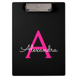 Roze Zwarte Script Meisjesachtige Monogram Naam Klembord