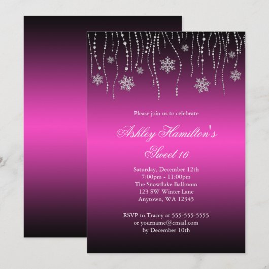 Roze zwarte sneeuwvlokken Sweet 16 Winter Wonderla Kaart (Voorkant / Achterkant)