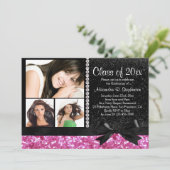 Roze/Zwarte Sparkle Bow 3 Fotogradatie Partij Kaart (Staand voorkant)