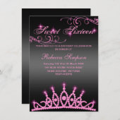 Roze & Zwarte Sparkle Tiara Verjaardag Uitnodiging (Voorkant / Achterkant)