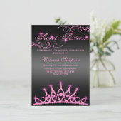 Roze & Zwarte Sparkle Tiara Verjaardag Uitnodiging (Staand voorkant)