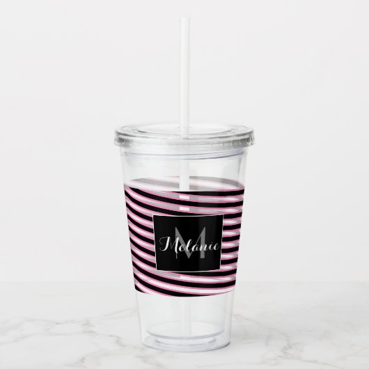 Roze zwarte spiraalband strips monogram op maat acryl drinkbeker (Voorkant)