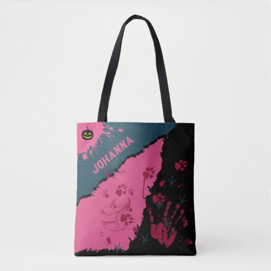 Roze & Zwarte Spooky Paw Prints Canvas tas (Voorkant)